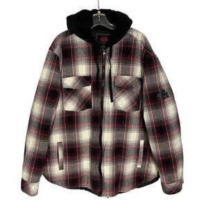 Mac Tools Men Size 2X  Plaid Flannel Quilt Lined Full Zip Hooded Burgundy